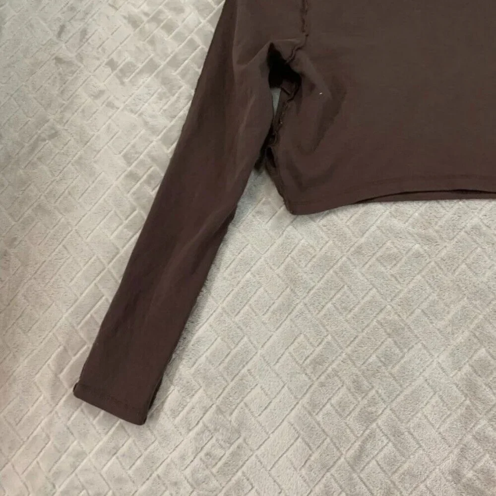 Shein Womens S T Shirt Brown Long Sleeve Cropped Inverted Seam Asymmetric Neck